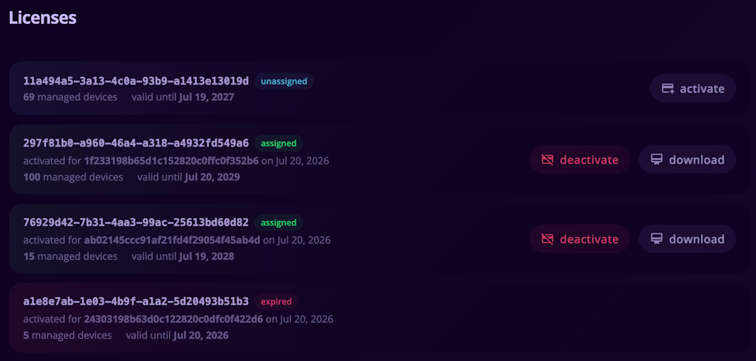 Licensing Screen (Portweaver Account)