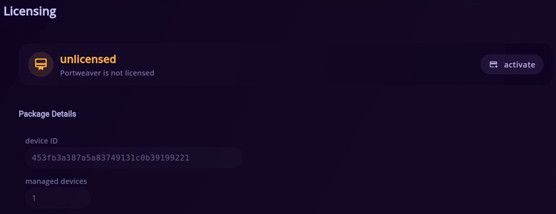 Licensing Screen (Portweaver App)