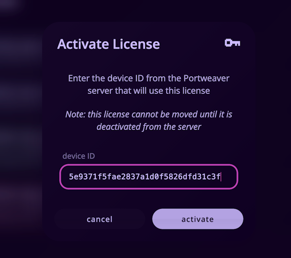 Activation Menu (Portweaver Account)